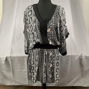 Ellison Dress‎ Womens Large Black Boho Floral V Neck Kimono Sleeve Rayon Lined